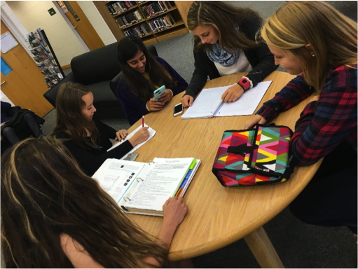 (Left to right): Sophomores Grace Spade, Malia Chissler, Jessica Harris, Bri Hawley, and Corey Comba study in the library during their lunch bell. 