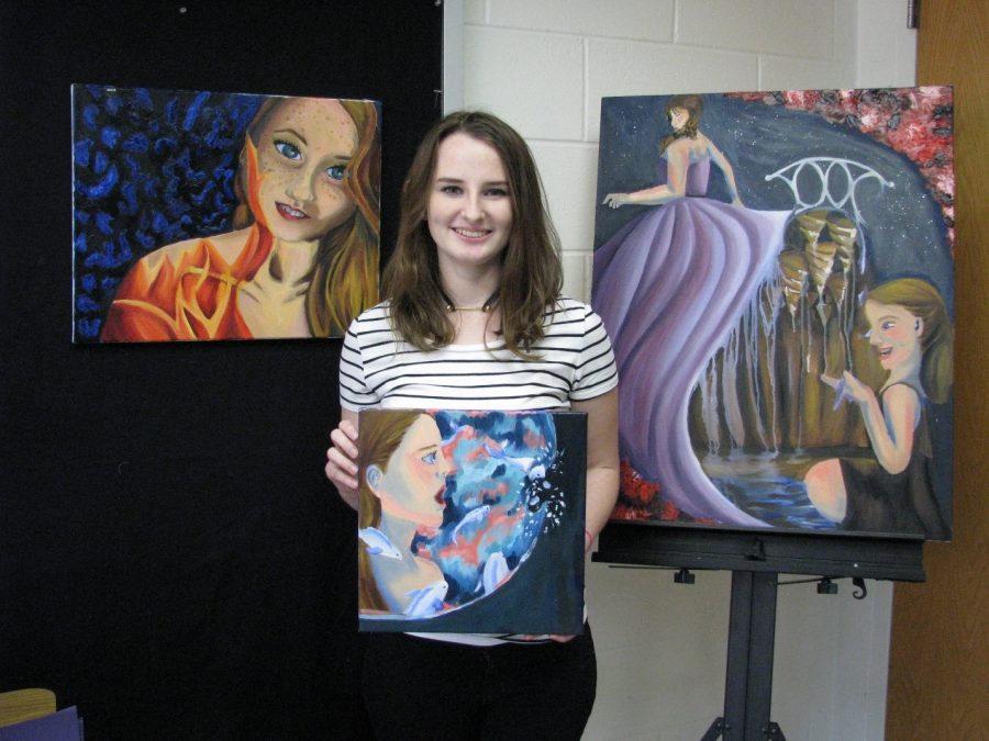 Senior+Mikayla+Spivey+features+her+three+favorite+pieces+of+her+artwork%2C+which+can+also+be+seen+outside+of+room+107.