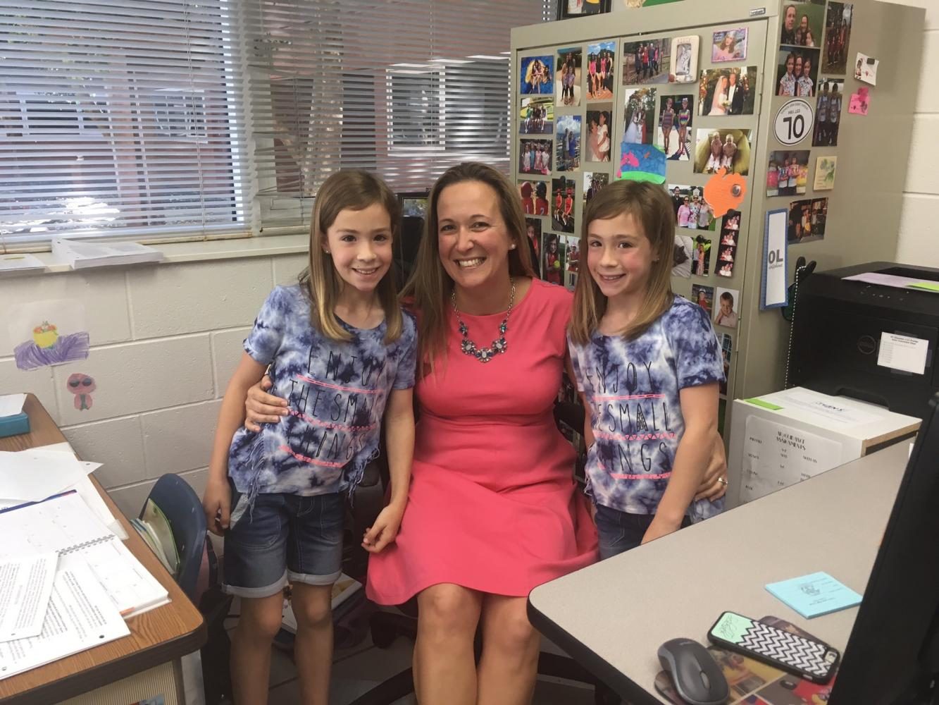 English teacher Jessica Schieble brought her twins, Lucy and Brianna, to her B day English classes