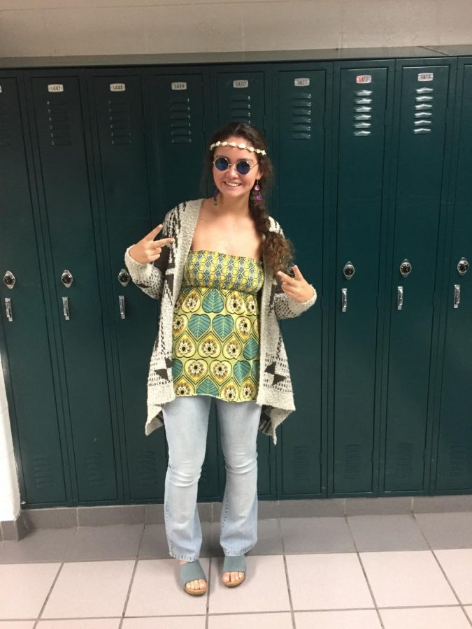 Sophomore Lindsay Locke models an example of a hippy costume on hippy day on Thursday, October 19, 2017. 