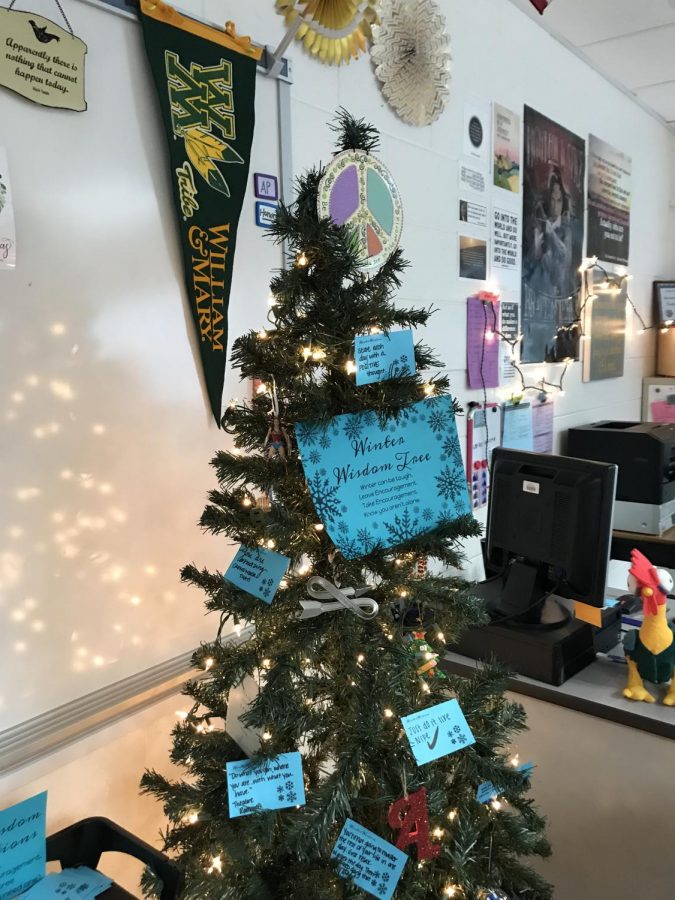 Andersons tree decorated with encouraging quotes sits in front of her desk.
