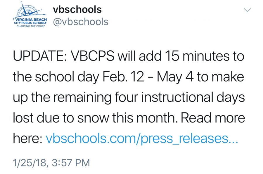 Screenshot of VBCPS announcement of extra time on days from Twitter.