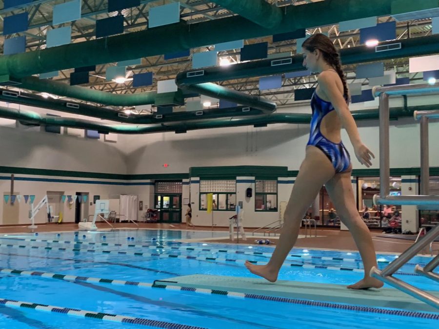 Senior captain Rachelle Jacob walks to the end of the board to start a back dive at Princess Anne Recreation Center on Nov. 19.