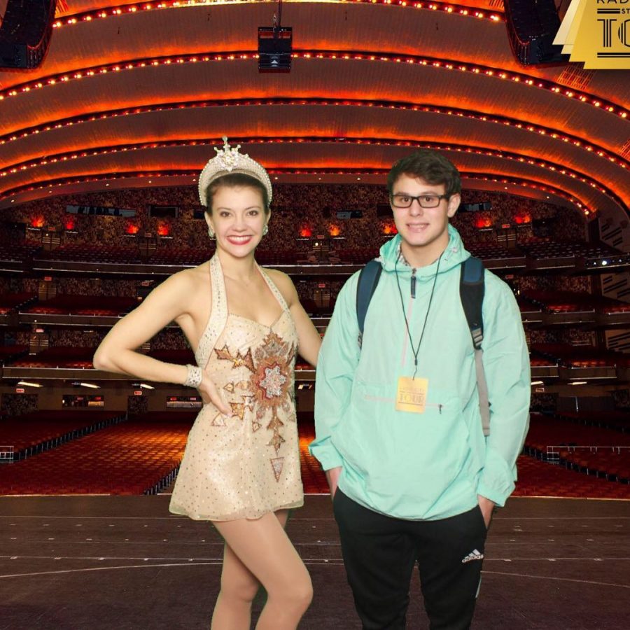 Depicts Jackson Varga standing with a Rockette in Radio
City Music Hall. Picture taken by tour department. 

