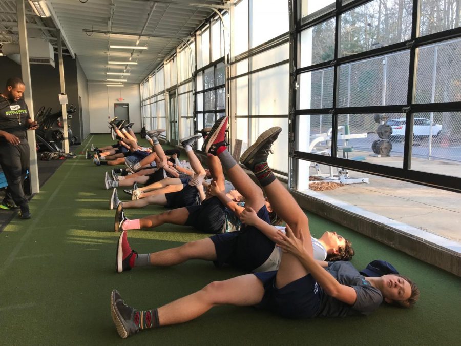 Ocean Lakes Lacrosse Club as they participate in cooldown on Jan. 15 at Onelife Fitness.