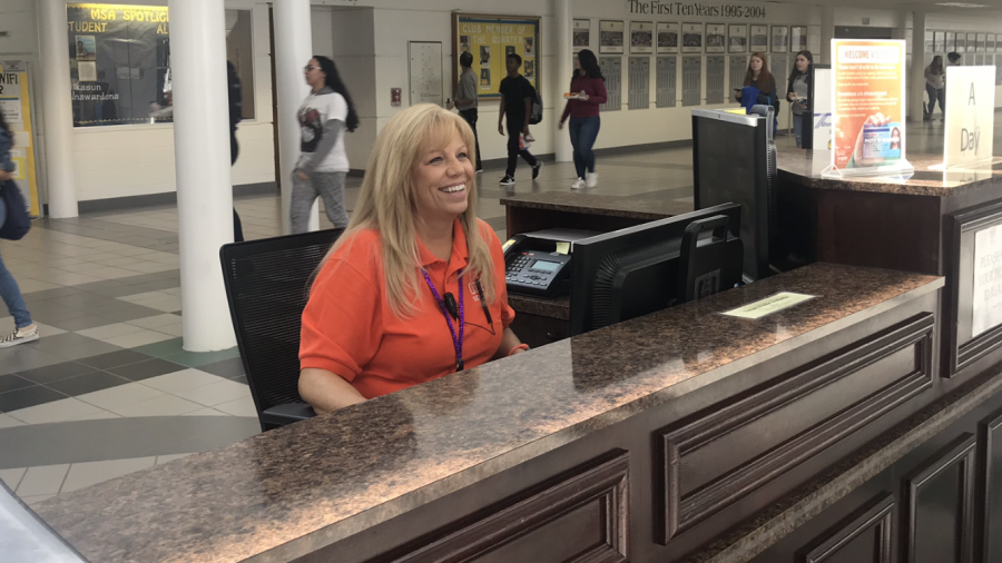 Security assistant Rene Ball working at the main security desk during one lunch on Wednesday, Feb. 6.