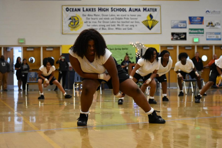The step team performs their routine at the Spring Spirit Assembly in the gym. Photo on April 5, 2019