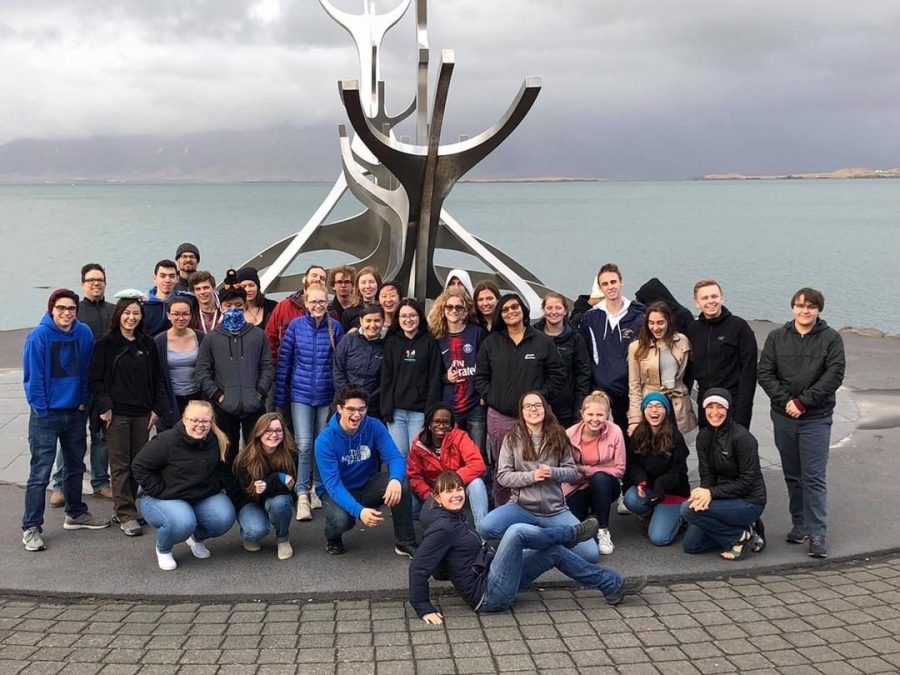 Governor%E2%80%99s+School+students+stand+in+front+Sun+Voyager+sculpture+in+Reykjavik%2C+Iceland.+Photo+taken+on+April+20