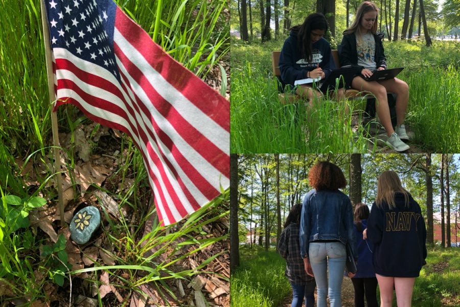 Collage depicts students on the top right, Victoria Guerrero and Kiley Welsh, sitting at a bench working on their environment essay. Eva-Rose Munoz, Allyson Centeno, Kayla Faircloth, and Katrina Tefft are walking down the trail in the bottom right. The left shows an American flag next to a rock with a painted yellow flower. Pictures taken by Makenna Miller. 