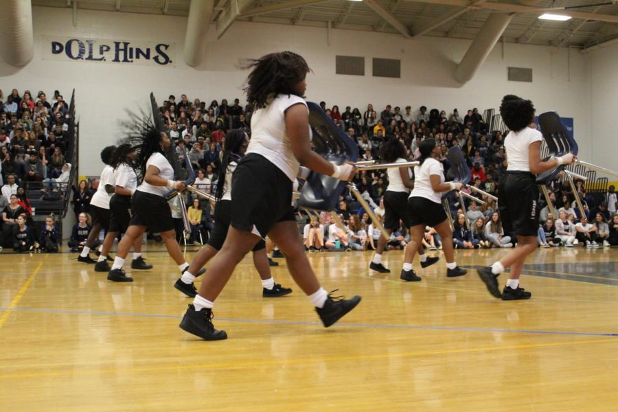 The step team performs their routine at the Spring Spirit Assembly in the gym. Photo on April 5, 2019