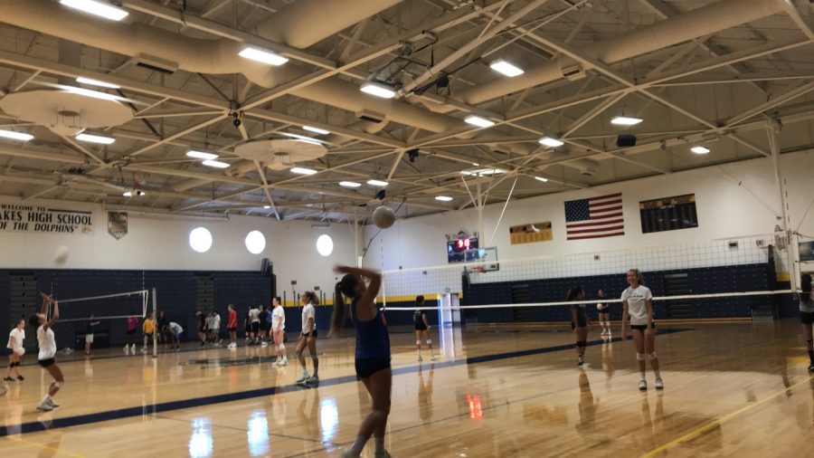 Ally Zongolowicz serves a volleyball on the new gym floors. 