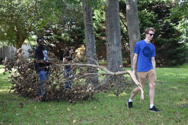 Left to right: Seniors Isaiah McKinney, Mariko Hart, and Seth Brand carry tree branch at NHS park cleanup on Sept. 20.