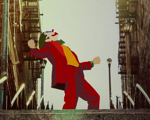 Joker, played by Joaquin Phoenix, dances on the stairs of Gotham City. 
