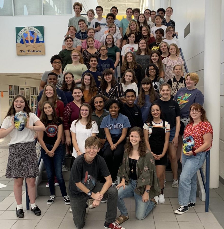 Taming of the Shrew workshop attendees pose on staircase on Oct. 23, 2019.
