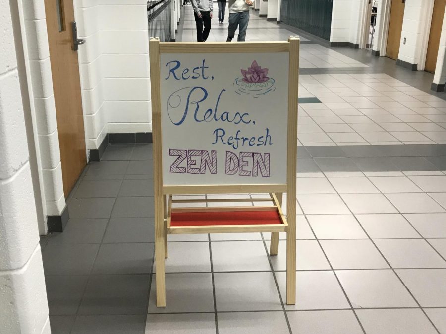 A sign outside Room 162 labels the Zen Den, a quiet space during one lunch offered on Tuesdays and Thursdays.