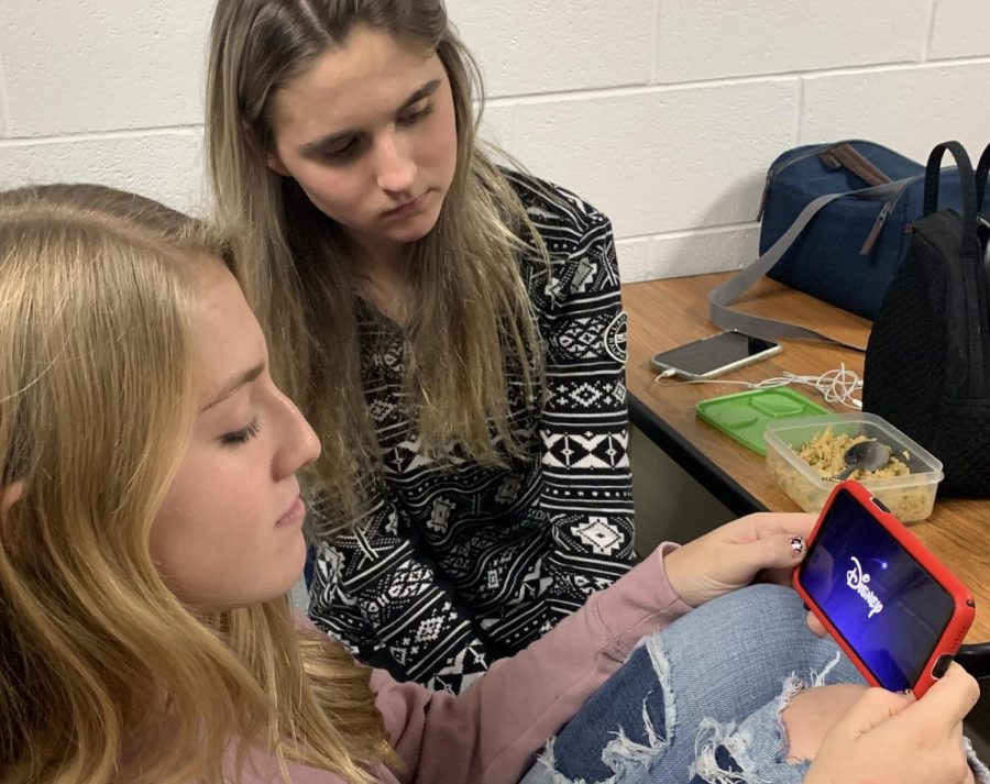 Isabelle Mcgrath (left) and Lauren Meadows (right) watching Disney Plus during one lunch on Dec. 6, 2019.