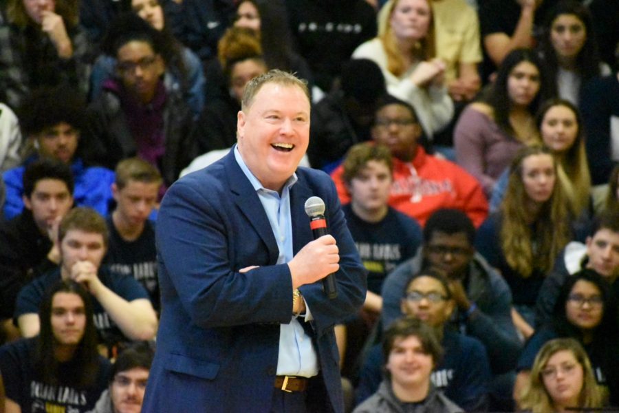 Ed+Gerety+speaks+to+Ocean+Lakes+students+at+Founder%E2%80%99s+Week+Assembly+on+February+14th.%0A