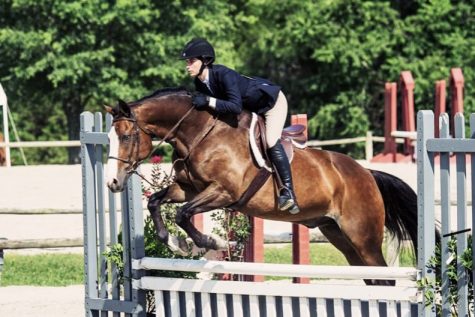 Senior Brandi Schryer and her horse jump over an obstacle at the VHSA Show in 2017.