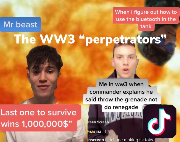 A digital cartoon that displays World World III memes created by TikTok 
 users @jaymarcu, @liltexon, and @degopoop (from left to upper right).  