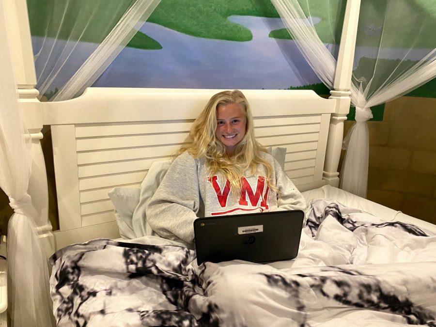 Senior Meredith King completes virtual school work from home.