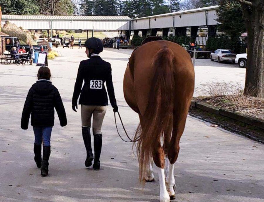 Skylar Fulcher walks Lina to arena during show at Triangle Farms in Raleigh, NC on Jan. 24, 
