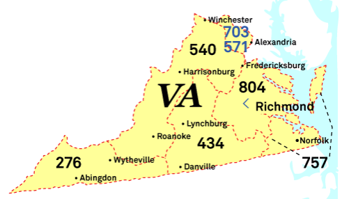 Area code map of Virginia shows the 757 area 