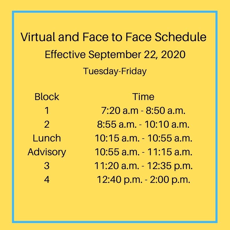 Ocean Lakes 2020-2021 virtual and face to face schedule effective Tuesday, Sept. 22, 2020