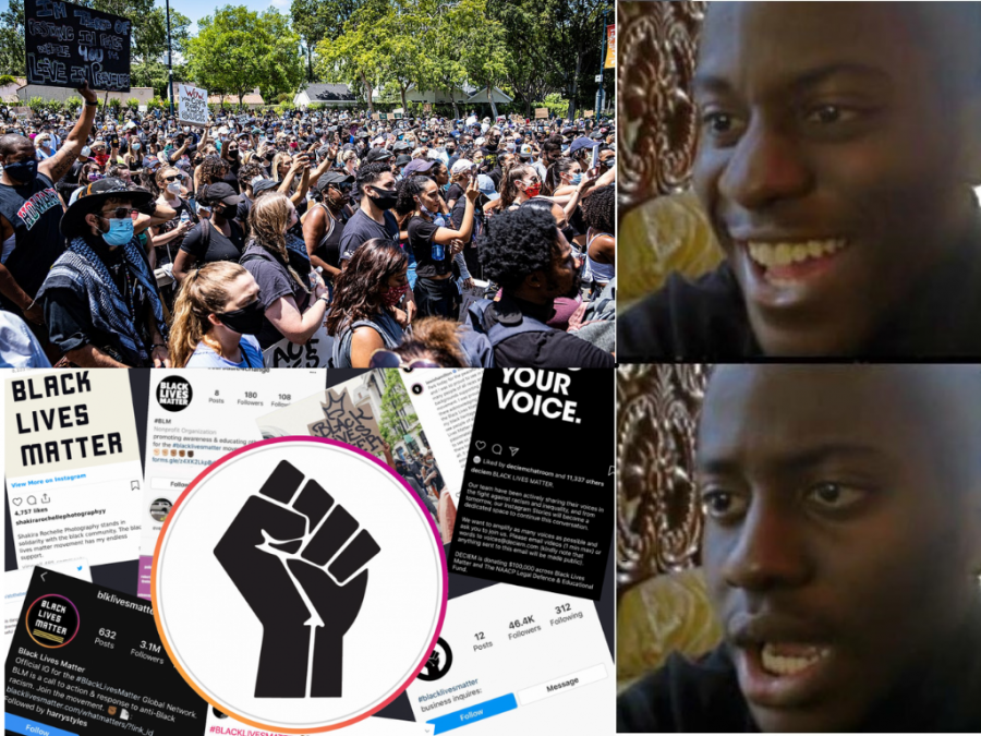 Canva meme depicts how direct action towards the Black lives matter movement can be drowned out by allies who spread awareness on Instagram to increase their social capital rather than for the genuine welfare of Black lives.