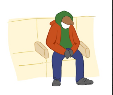 Doodle of a homeless person resting on a divided bench drawn by Alexia Fenner.