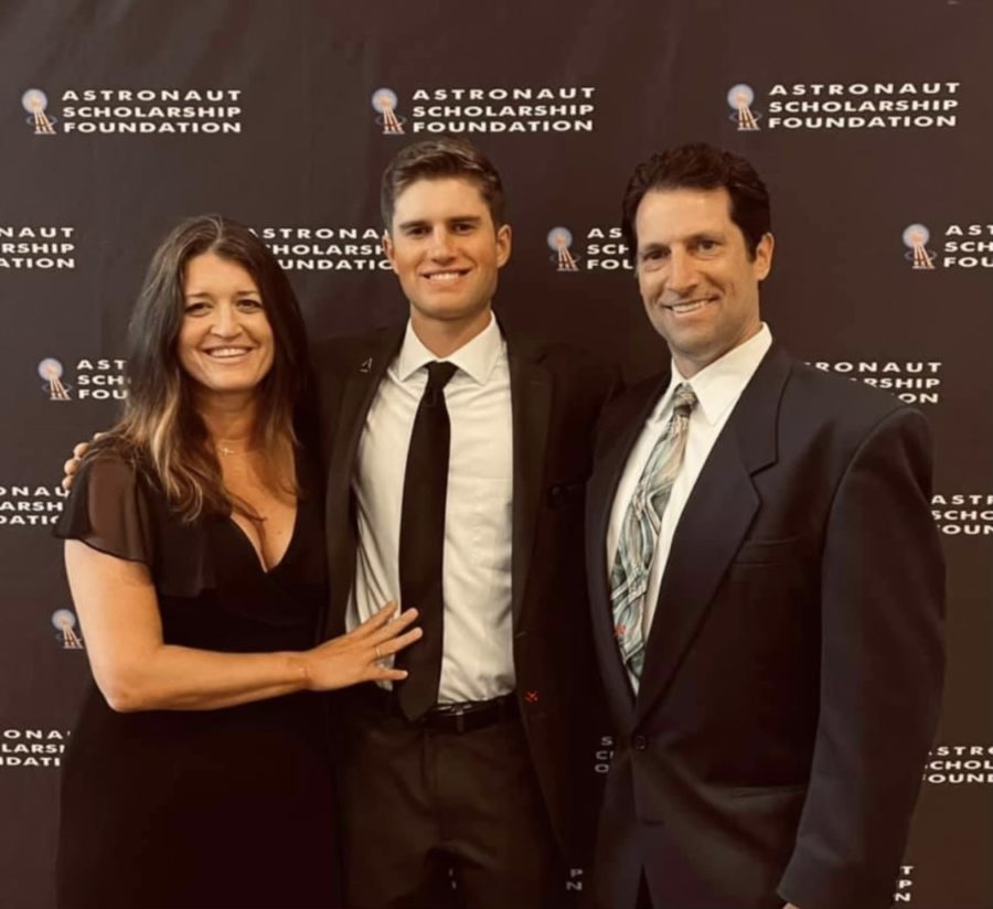Jacob Bushey pictured with parents, Stacy and Joseph Bushey at the Astronaut Scholarship Foundation in August of 2021. 