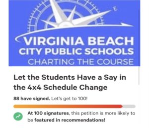 Shelbie Earp starts a Virginia Beach City Public Schools School Board petition to let students have a say in new schedule changes on Jan. 8, 2022. 