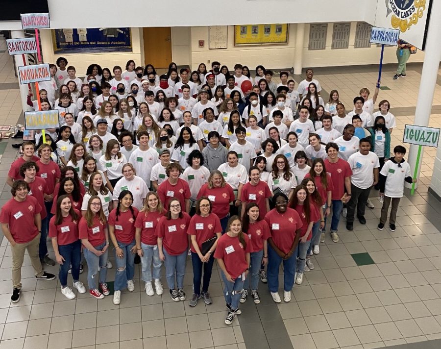 Leadership Workshop delegates and staff take a break from the days festivities, lessons, and games to pose for a yearbook photo at Ocean Lakes High School on March 12.