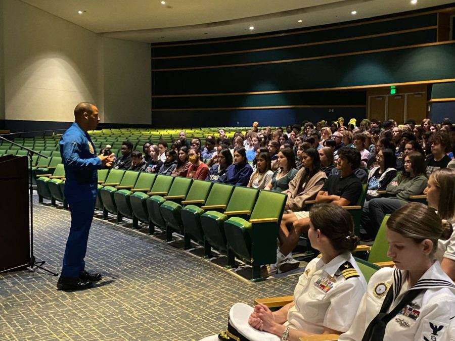 Lt. Henry Cendeño presents to the upperclassmen about the Blue Angels on Friday, Sept. 16, 2022, at Ocean Lakes High School. 