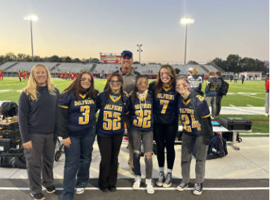 Kim Burke, Caitlyn Daniello, Jade McAboy, David Lehan, Sofia Pescoso, Emerson Hudley, Taylor Cortez. Six out of the eight student trainers arrive at 4 p.m. to prepare the athletes for the 7 p.m. varsity game at Bayside High School on  Friday, Oct. 21, 2022.