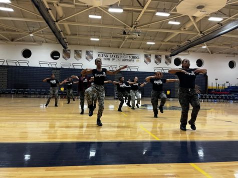 Royalty Step team performing to ¨Back that thang up¨ during the halftime of the First Colonial vs Ocean Lakes varsity basketball game on Dec. 16, 2023. 