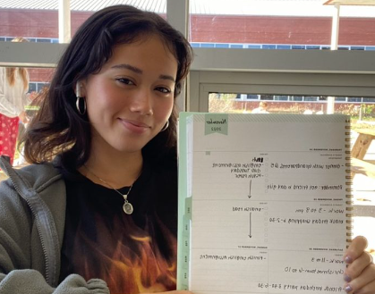 Junior Aya Smith holds up a planner that she uses to keep track of her daily schedule, in the cafeteria on Nov. 22, 2022.