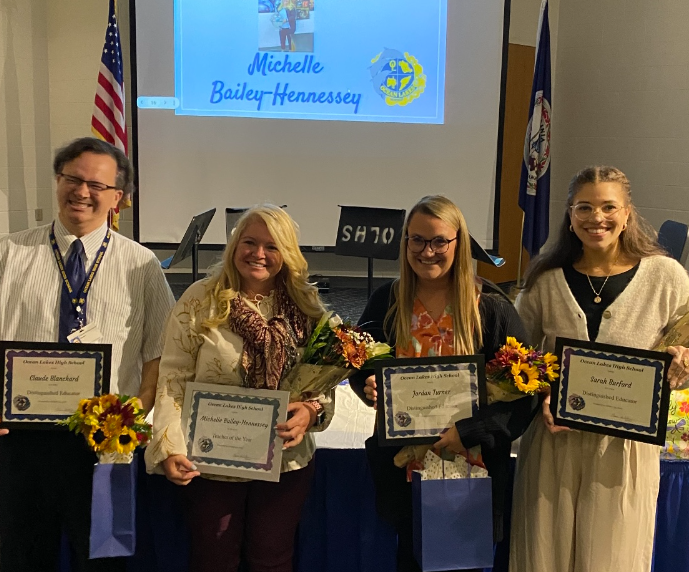 2023-2024 Teacher of the Year Michelle Bailey-Hennessey celebrates her accomplishment alongside the three other nominees: Claude Blanchard, Jordan Turner, and Sarah Burford on Monday, Oct. 24, 2022. 