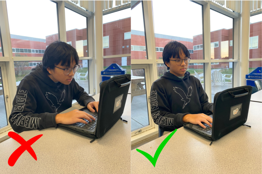 Sophomore+Louie+Postrano+demonstrates+how+to+improve+posture+while+sitting+in+front+of+a+chromebook+on+Dec.+1%2C+2022.+