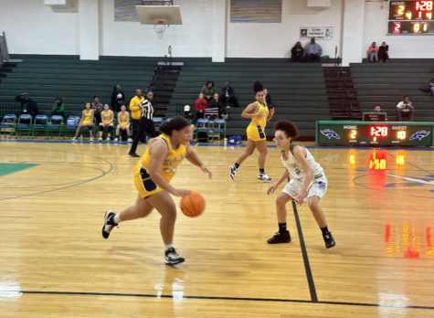 Sophomore Marlie Smith dribbles past her opponent at the game against Green Run on Jan. 5, 2023 at Green Run High School.