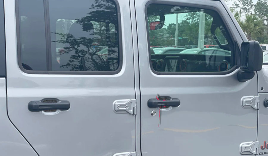 A car with a zip tie on the door handle, a common way to tell that a vehicle is a target for sex or human trafficking, taken on Jan. 20, 2023.