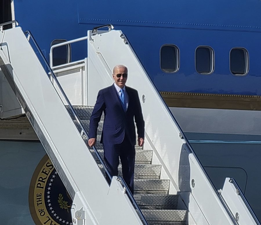 President Joe Biden exits Air Force One at Oceana Naval Air Station, in Virginia Beach, VA, on Feb. 28, 2023.
