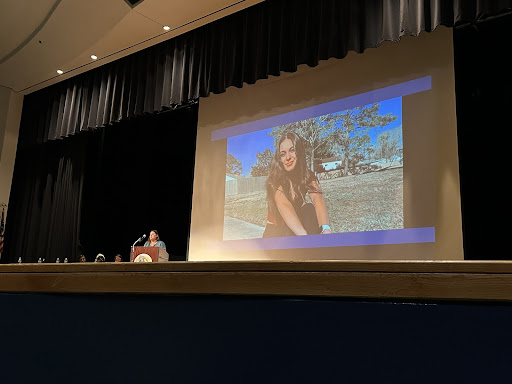 Shannon Doyle preaches in front of Ocean Lakes students about the dangers of fentanyl on March 9, 2023.