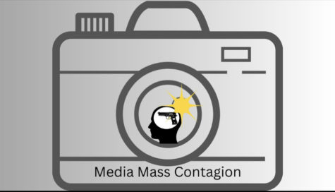 A canva that shows a shooter in the spotlight of a camera flash which shows how sensationalism can create platforms for shooters.