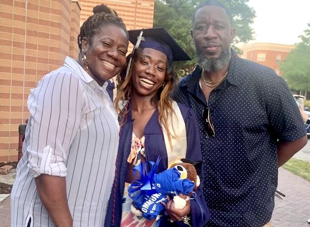 Tahmiah Thomas celebrates her graduation from Tidewater Community College with her mother, Tanyell Thomas and father, Frank Thomas on May 8, 2023, at the Chartway Area.