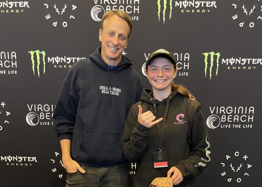Professional skater Tony Hawk poses next to sophomore Maddi Fisher on June 3, 2023, after the contest concluded.