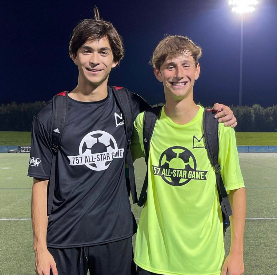 Ocean+Lakes+teammates+Dylan+Tomayo+and+Sam+Wiggins+reconnect+after+the+All-Star+Game+on+Wed.%2C+June+14%2C+2023%2C+at+the+Virginia+Beach+Sportsplex.+