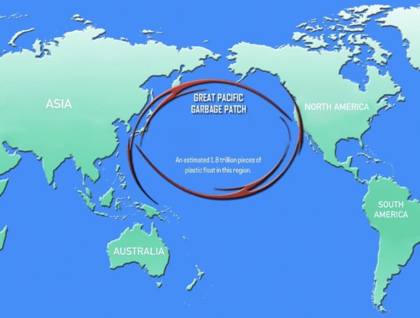 A map displays the location of The Great Pacific Garbage Patch. 
