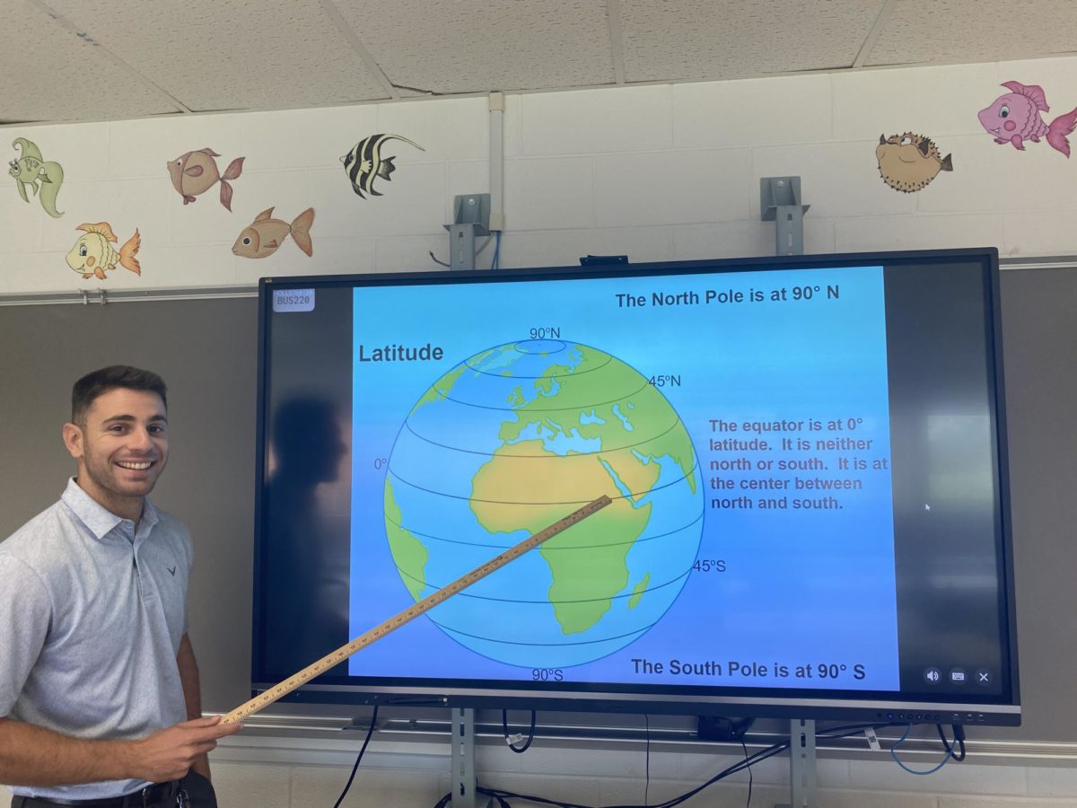 Nicholas DiNapoli discusses the earths longitude, latitude, poles and equator during one lunch on Sept. 21, 2023.