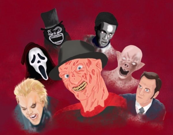 Digital art created by Ell Ruggles of Freddy Kruger (Nightmare on Elm Street), David (The Lost Boys), Ghostface (Scream), The Babadook (The Babadook), Ben (Night of the Living Dead), a Crawler (The Decent) and Ed Warren (The Conjuring).