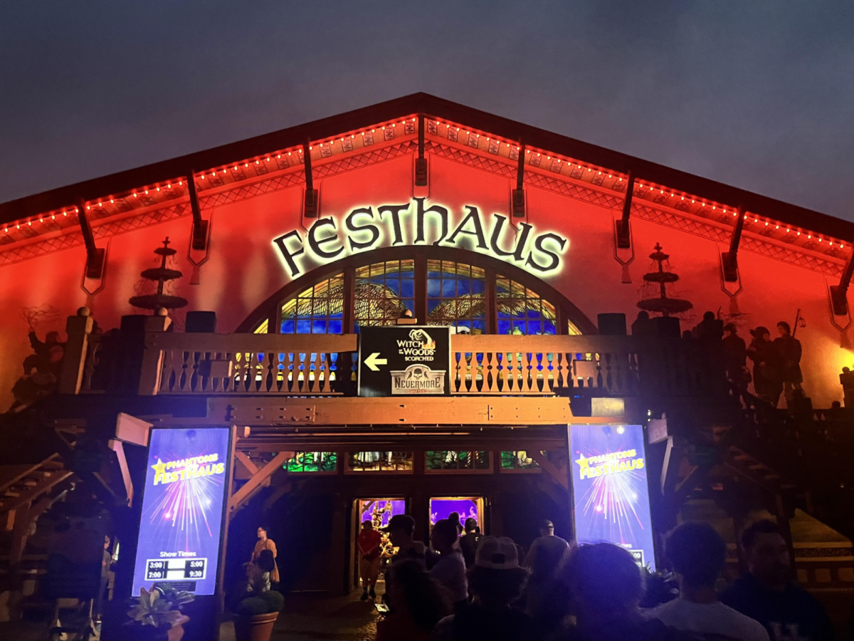 Busch Gardens Williamsburg prepares for Halloween by lighting up the Festhaus in orange lights on Sept. 29, 2023.